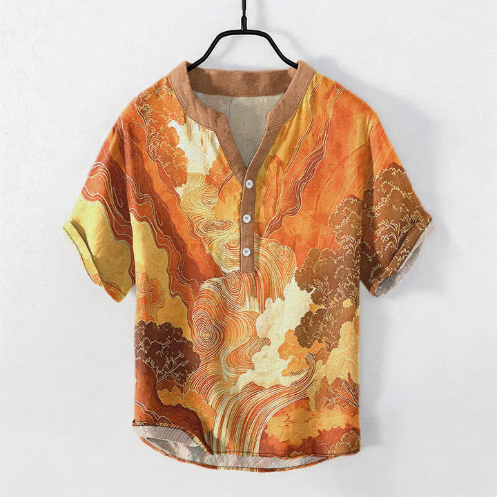 Buddha Stones Chemise à manches courtes pour homme en coton à motif paysage oriental à l'encre et demi-boutonnage - SandyBrown - US/UK/AU50，EU60 (5XL) - image 5