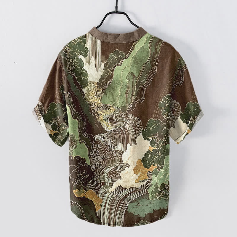 Buddha Stones Chemise à manches courtes pour homme en coton à motif paysage oriental à l'encre et demi-boutonnage - image 8