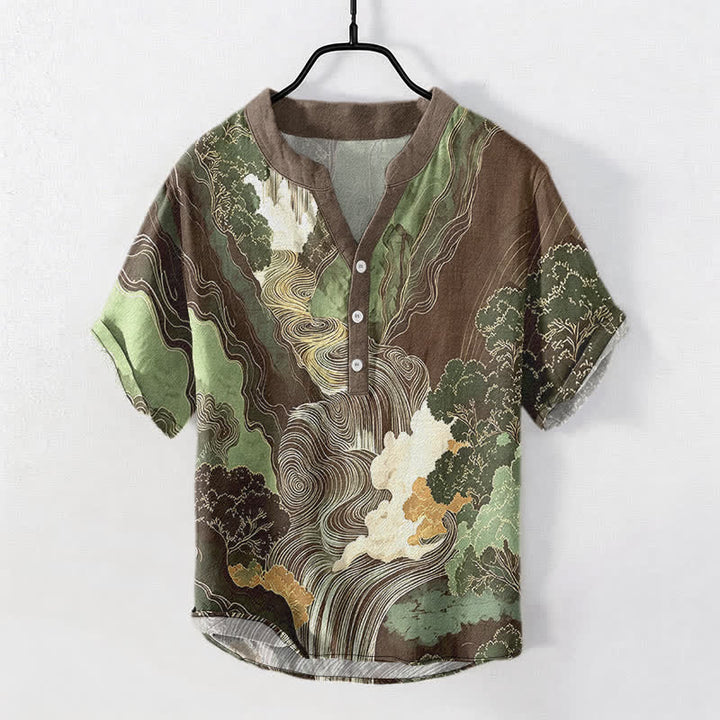 Buddha Stones Chemise à manches courtes pour homme en coton à motif paysage oriental à l'encre et demi-boutonnage - SaddleBrown - US/UK/AU50，EU60 (5XL) - image 7
