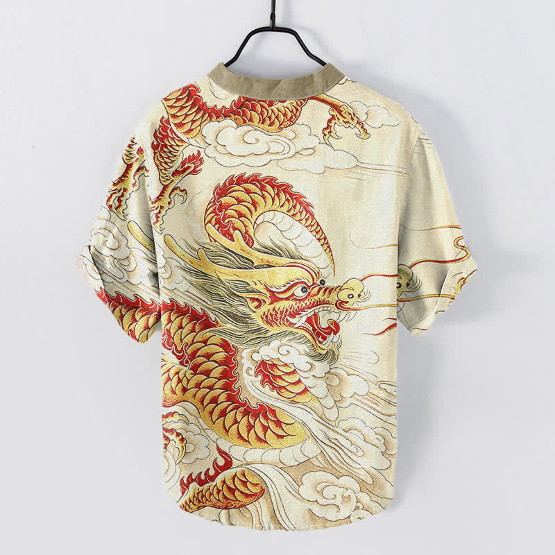 Buddha Stones Chemise homme à manches courtes et demi-boutonnages, motif dragon doré en coton - image 1