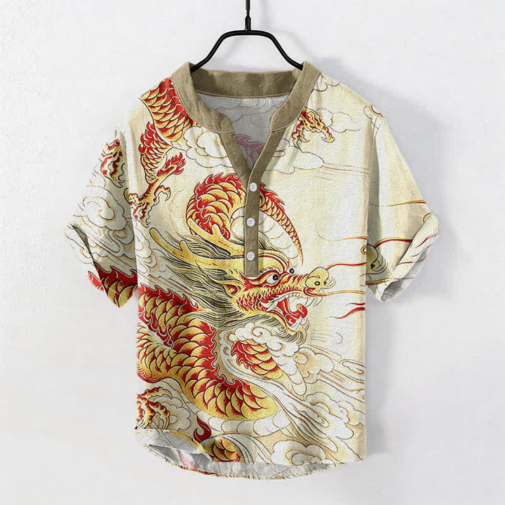 Buddha Stones Chemise homme à manches courtes et demi-boutonnages, motif dragon doré en coton - Ivoire - US/UK/AU50，EU60 (5XL) - image 0