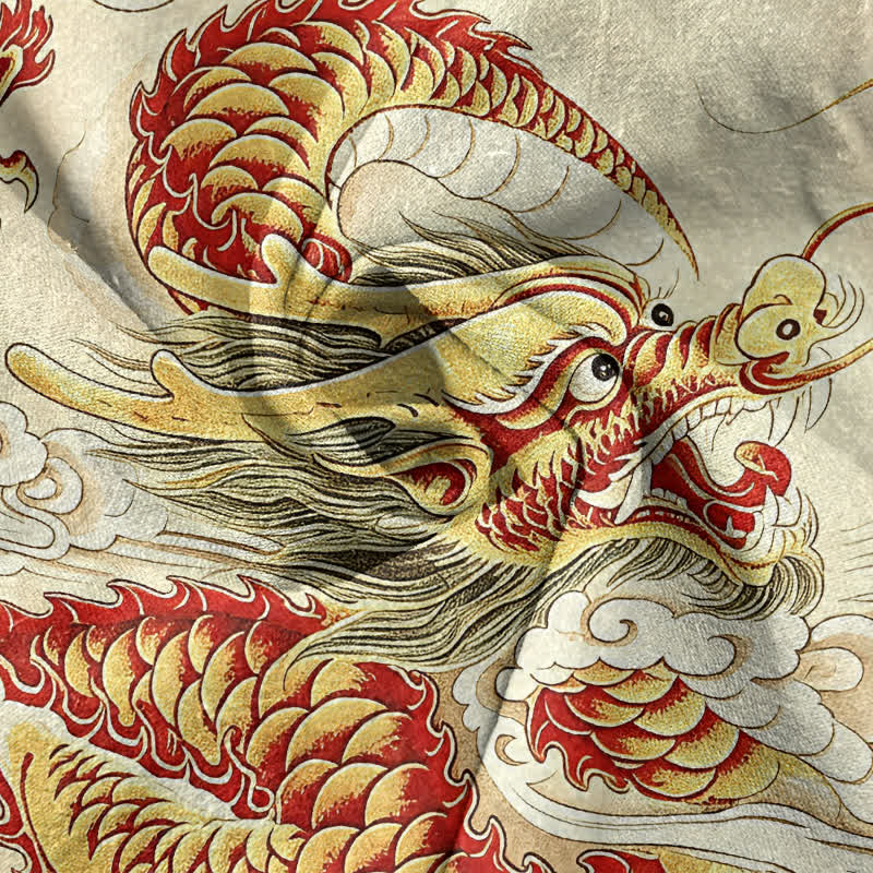 Buddha Stones Chemise homme à manches courtes et demi-boutonnages, motif dragon doré en coton - image 2