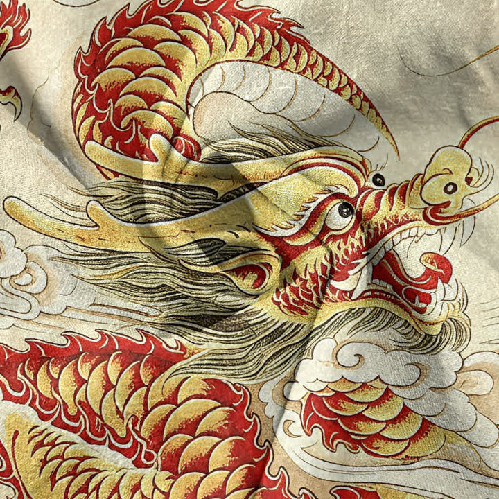Buddha Stones Chemise homme à manches courtes et demi-boutonnages, motif dragon doré en coton - image 2