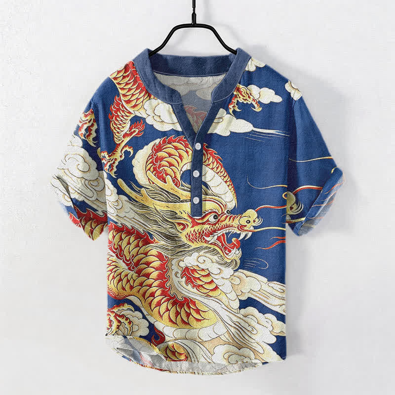 Buddha Stones Chemise homme à manches courtes et demi-boutonnages, motif dragon doré en coton - Bleu royal - US/UK/AU50，EU60 (5XL) - image 3