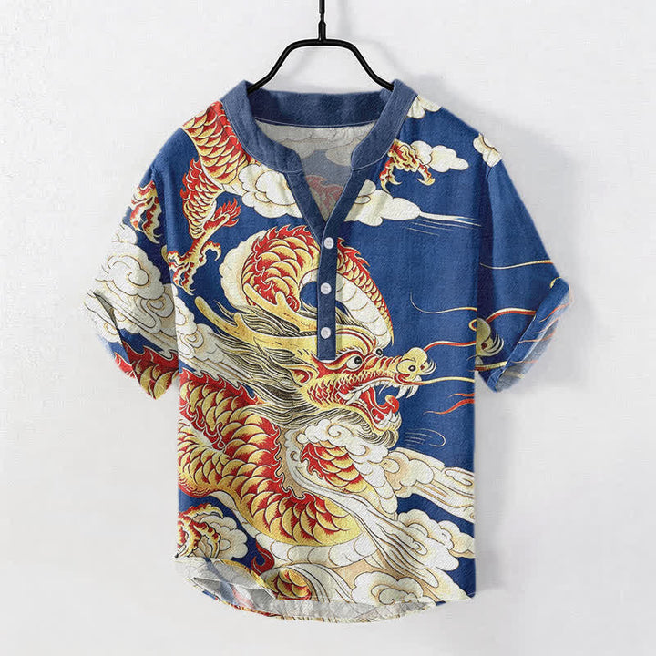 Buddha Stones Chemise homme à manches courtes et demi-boutonnages, motif dragon doré en coton - Bleu royal - US/UK/AU50，EU60 (5XL) - image 3