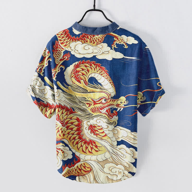 Buddha Stones Chemise homme à manches courtes et demi-boutonnages, motif dragon doré en coton - image 4