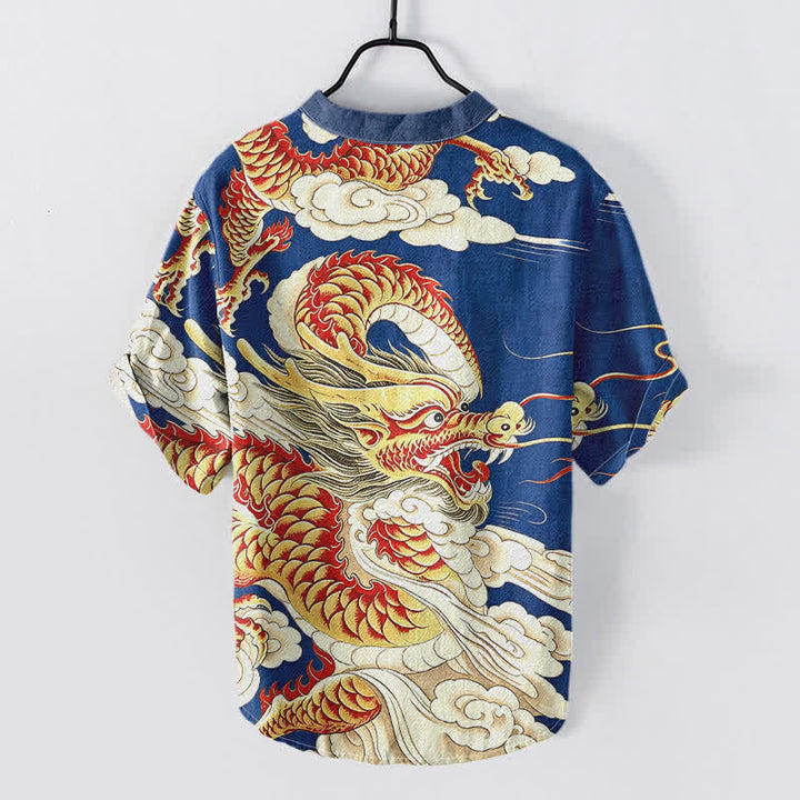 Buddha Stones Chemise homme à manches courtes et demi-boutonnages, motif dragon doré en coton - image 4