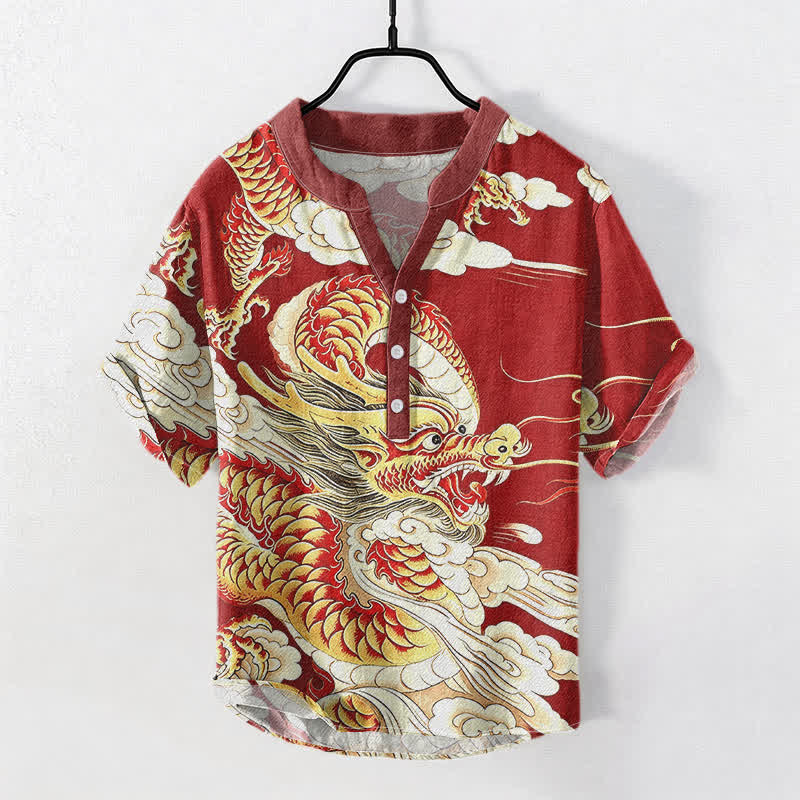 Buddha Stones Chemise homme à manches courtes et demi-boutonnages, motif dragon doré en coton - Cramoisi - US/UK/AU50，EU60 (5XL) - image 5