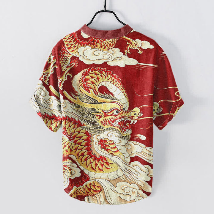 Buddha Stones Chemise homme à manches courtes et demi-boutonnages, motif dragon doré en coton - image 6