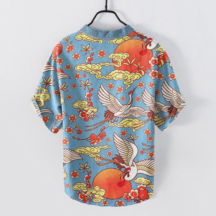 Buddha Stones Chemise homme à manches courtes et demi-boutonnée, motif floral, grue, soleil et nuage, en pur coton - image 1