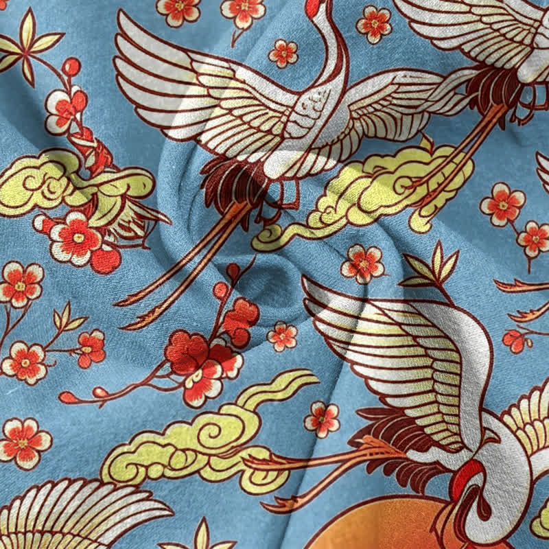 Buddha Stones Chemise homme à manches courtes et demi-boutonnée, motif floral, grue, soleil et nuage, en pur coton - image 2