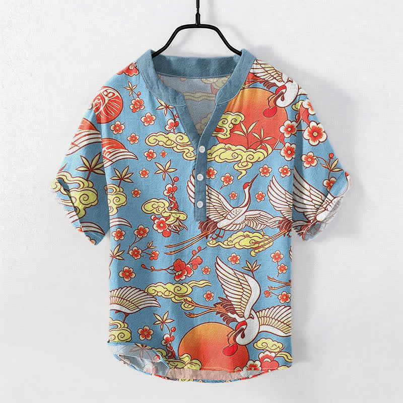 Buddha Stones Chemise homme à manches courtes et demi-boutonnée, motif floral, grue, soleil et nuage, en pur coton - Bleu ciel - US/UK/AU50，EU60 (5XL) - image 0