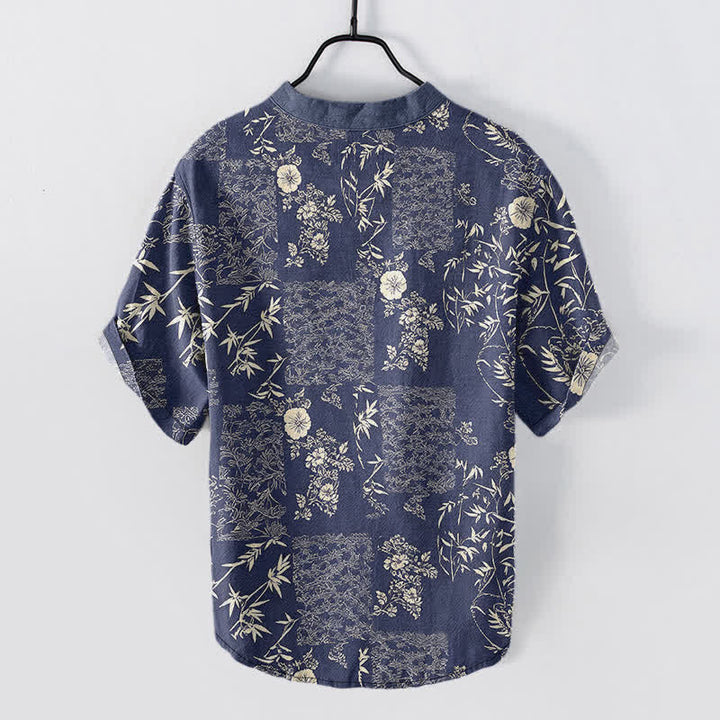 Buddha Stones Chemise homme à manches courtes et demi-boutonnage, motif patchwork floral en coton et bambou - image 1