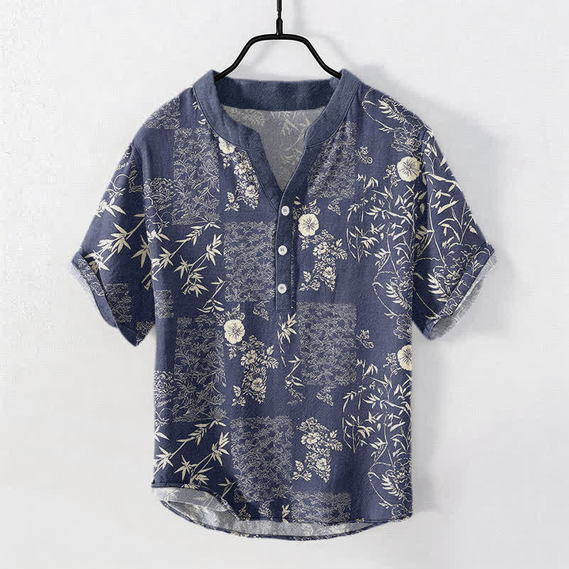 Buddha Stones Chemise homme à manches courtes et demi-boutonnage, motif patchwork floral en coton et bambou - Marine - US/UK/AU50，EU60 (5XL) - image 0