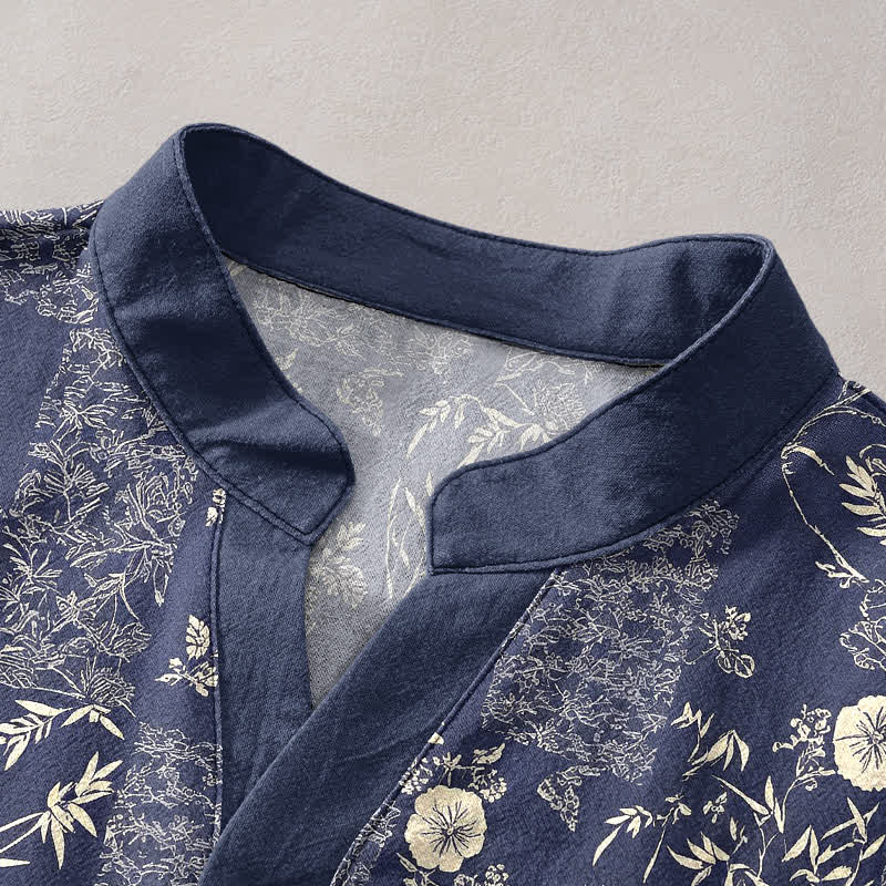 Buddha Stones Chemise homme à manches courtes et demi-boutonnage, motif patchwork floral en coton et bambou - image 2