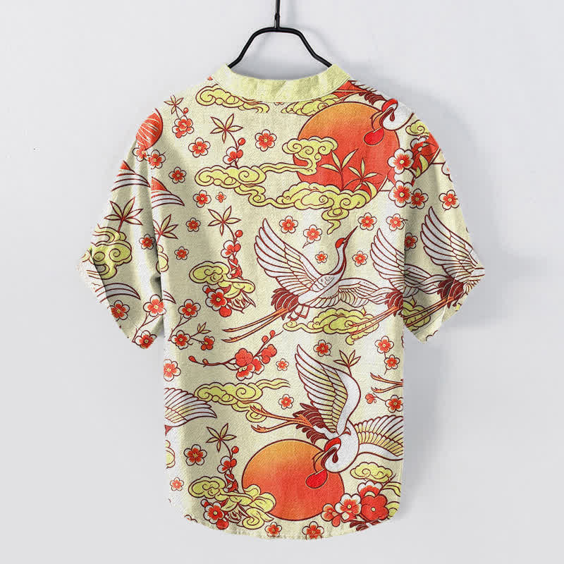 Buddha Stones Chemise homme à manches courtes et demi-boutonnée, motif floral, grue, soleil et nuage, en pur coton - image 4