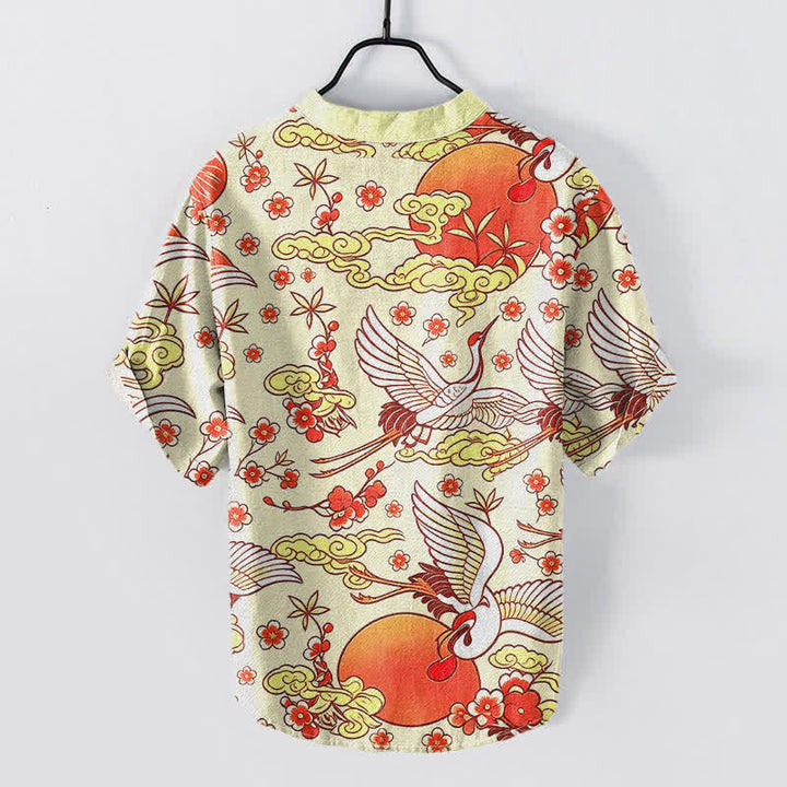 Buddha Stones Chemise homme à manches courtes et demi-boutonnée, motif floral, grue, soleil et nuage, en pur coton - image 4