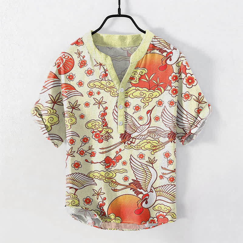 Buddha Stones Chemise homme à manches courtes et demi-boutonnée, motif floral, grue, soleil et nuage, en pur coton - Ivoire - US/UK/AU50，EU60 (5XL) - image 3