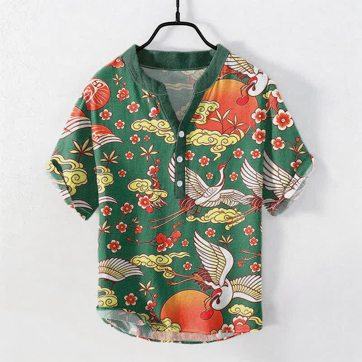 Buddha Stones Chemise homme à manches courtes et demi-boutonnée, motif floral, grue, soleil et nuage, en pur coton - Vert forêt - US/UK/AU50，EU60 (5XL) - image 5