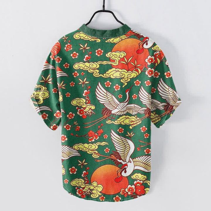 Buddha Stones Chemise homme à manches courtes et demi-boutonnée, motif floral, grue, soleil et nuage, en pur coton - image 6