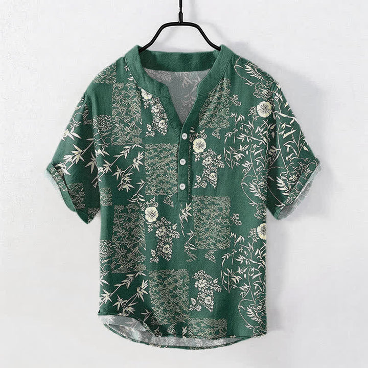 Buddha Stones Chemise homme à manches courtes et demi-boutonnage, motif patchwork floral en coton et bambou - Vert forêt - US/UK/AU50，EU60 (5XL) - image 5
