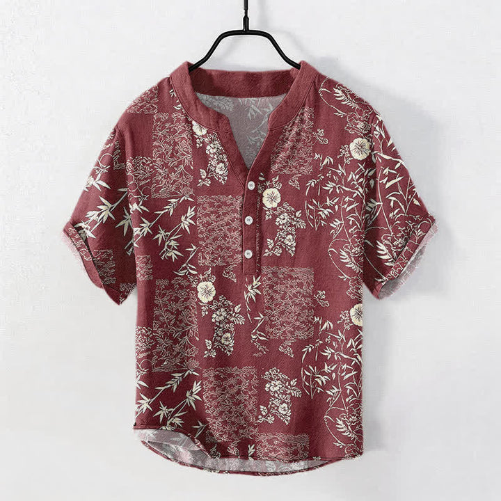 Buddha Stones Chemise homme à manches courtes et demi-boutonnage, motif patchwork floral en coton et bambou - Bordeaux - US/UK/AU50，EU60 (5XL) - image 7