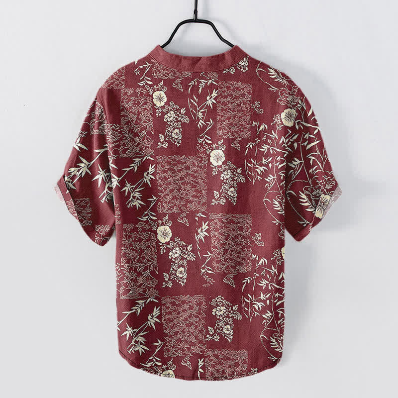 Buddha Stones Chemise homme à manches courtes et demi-boutonnage, motif patchwork floral en coton et bambou - image 8