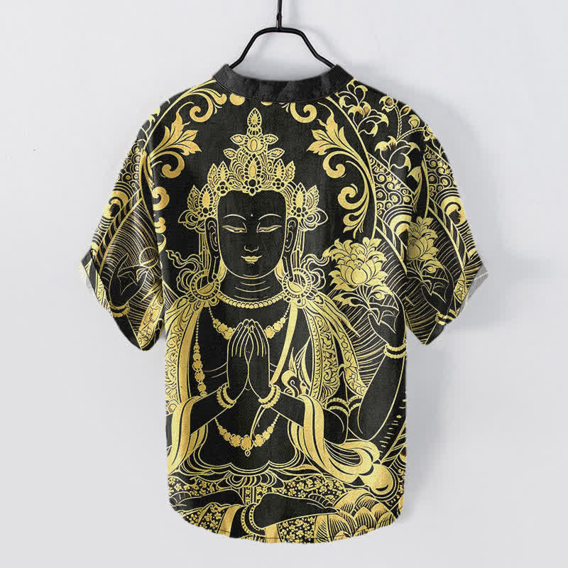 Buddha Stones Chemise à manches courtes et demi-boutonnée pour homme, en coton avec motif Bouddha doré - image 1
