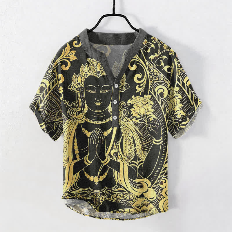 Buddha Stones Chemise à manches courtes et demi-boutonnée pour homme, en coton avec motif Bouddha doré - Noir - US/UK/AU50，EU60 (5XL) - image 0