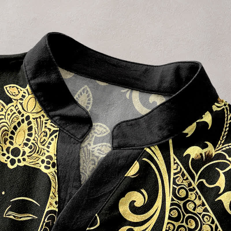 Buddha Stones Chemise à manches courtes et demi-boutonnée pour homme, en coton avec motif Bouddha doré - image 2