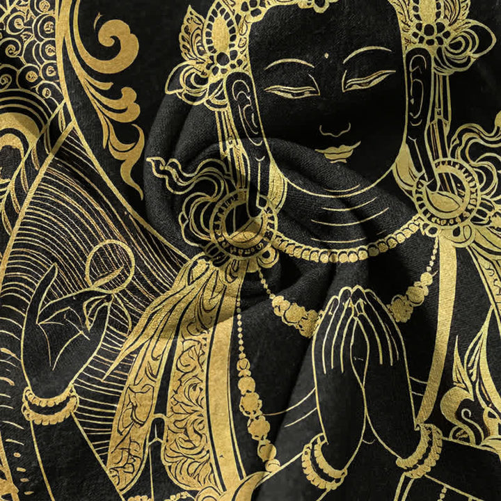 Buddha Stones Chemise à manches courtes et demi-boutonnée pour homme, en coton avec motif Bouddha doré - image 4