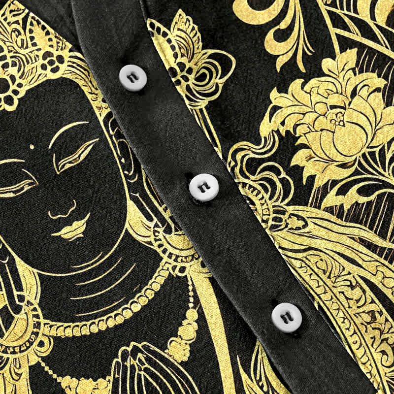 Buddha Stones Chemise à manches courtes et demi-boutonnée pour homme, en coton avec motif Bouddha doré - image 3
