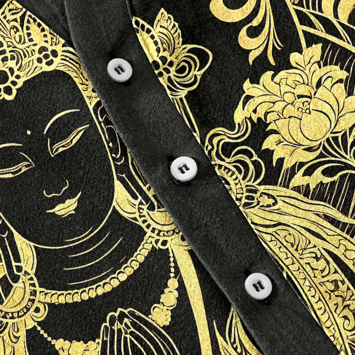 Buddha Stones Chemise à manches courtes et demi-boutonnée pour homme, en coton avec motif Bouddha doré - image 3