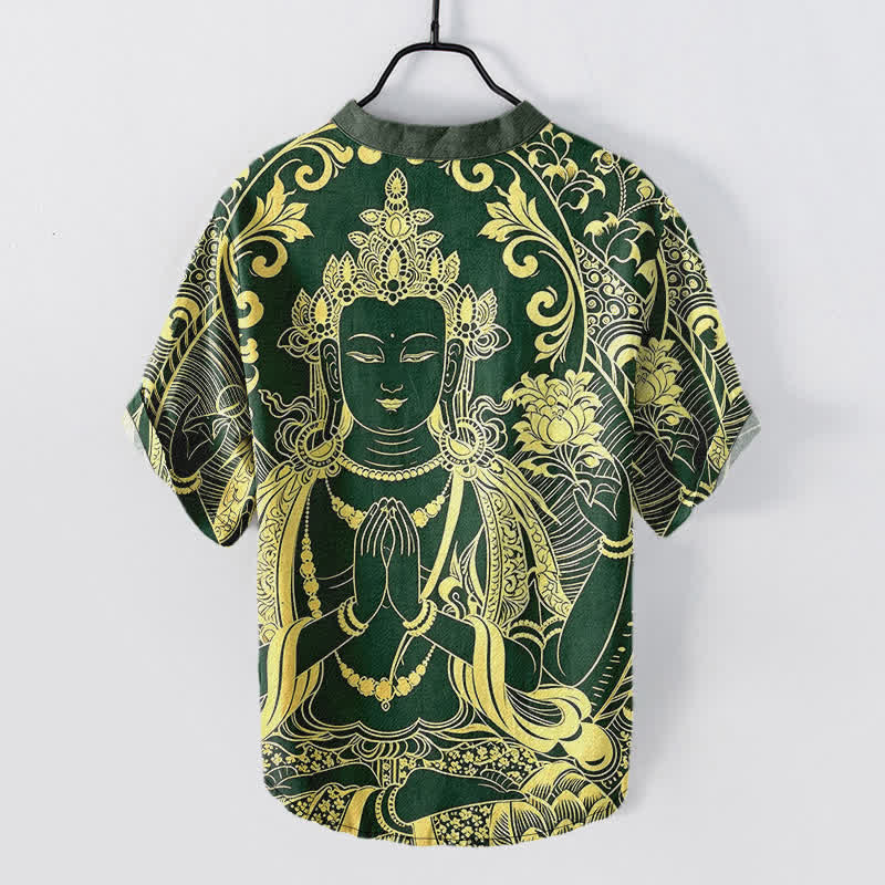 Buddha Stones Chemise à manches courtes et demi-boutonnée pour homme, en coton avec motif Bouddha doré - image 6