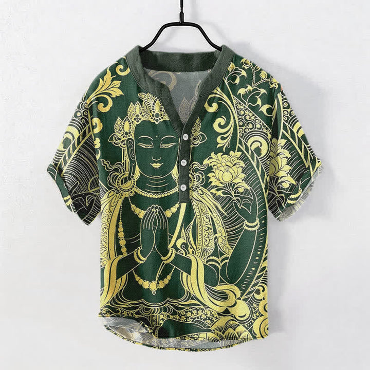 Buddha Stones Chemise à manches courtes et demi-boutonnée pour homme, en coton avec motif Bouddha doré - Vert forêt - US/UK/AU50，EU60 (5XL) - image 5