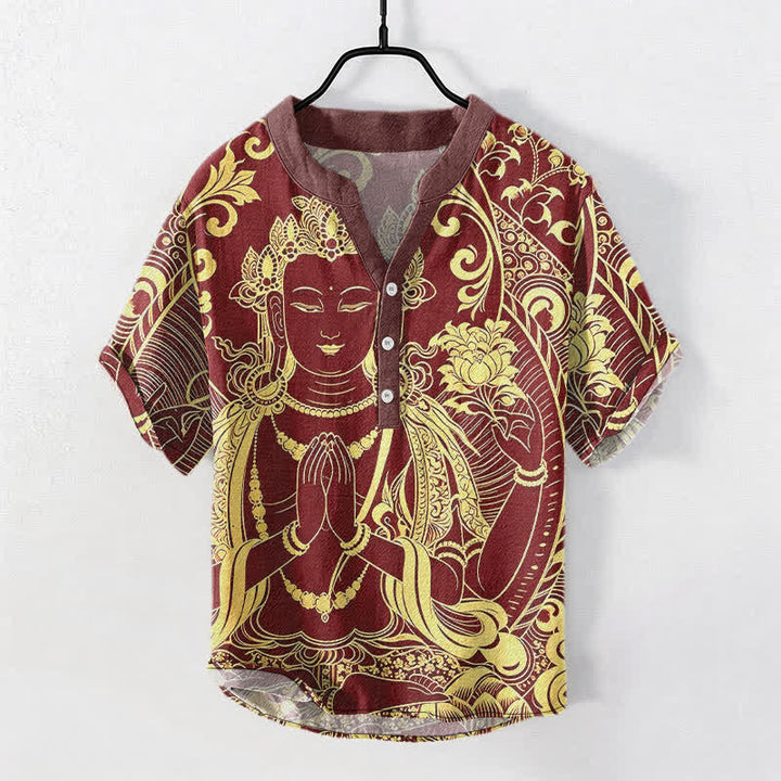 Buddha Stones Chemise à manches courtes et demi-boutonnée pour homme, en coton avec motif Bouddha doré - Bordeaux - US/UK/AU50，EU60 (5XL) - image 7