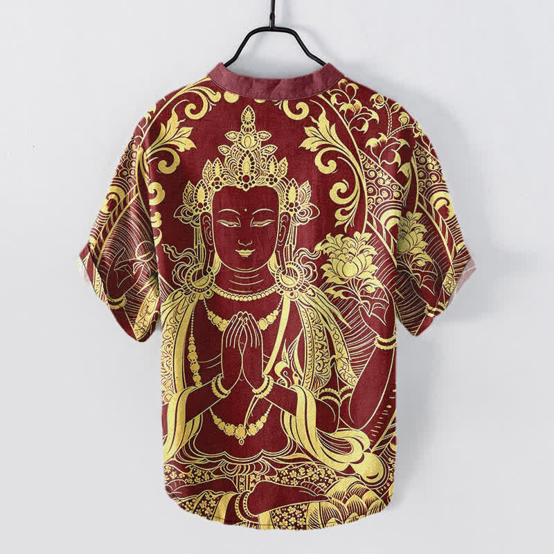Buddha Stones Chemise à manches courtes et demi-boutonnée pour homme, en coton avec motif Bouddha doré - image 8