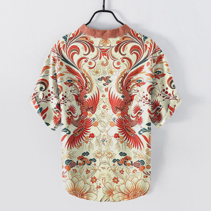 Buddha Stones Chemise homme à manches courtes et demi-boutonnage, motif floral phénix symétrique en coton - image 1