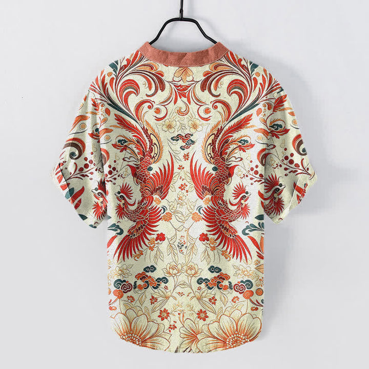 Buddha Stones Chemise homme à manches courtes et demi-boutonnage, motif floral phénix symétrique en coton - image 1