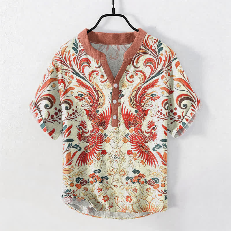 Buddha Stones Chemise homme à manches courtes et demi-boutonnage, motif floral phénix symétrique en coton - Ivoire - US/UK/AU50，EU60 (5XL) - image 0