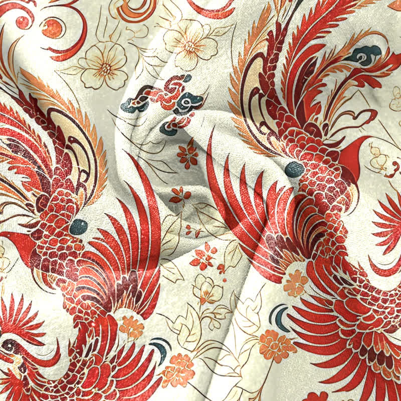 Buddha Stones Chemise homme à manches courtes et demi-boutonnage, motif floral phénix symétrique en coton - image 2