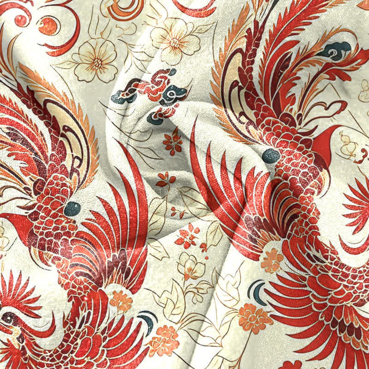Buddha Stones Chemise homme à manches courtes et demi-boutonnage, motif floral phénix symétrique en coton - image 2