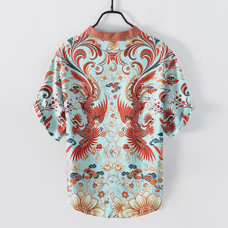 Buddha Stones Chemise homme à manches courtes et demi-boutonnage, motif floral phénix symétrique en coton - image 4