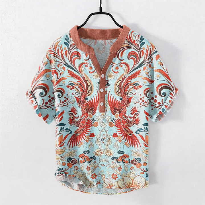 Buddha Stones Chemise homme à manches courtes et demi-boutonnage, motif floral phénix symétrique en coton - Turquoise pâle - US/UK/AU50，EU60 (5XL) - image 3