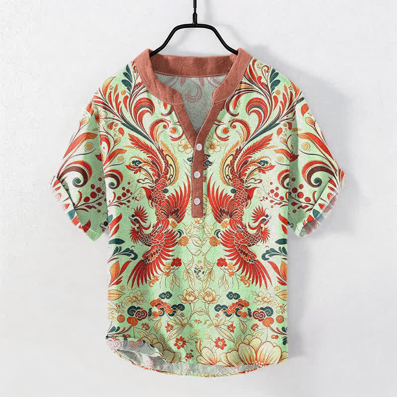 Buddha Stones Chemise homme à manches courtes et demi-boutonnage, motif floral phénix symétrique en coton - Crème à la menthe - US/UK/AU50，EU60 (5XL) - image 5