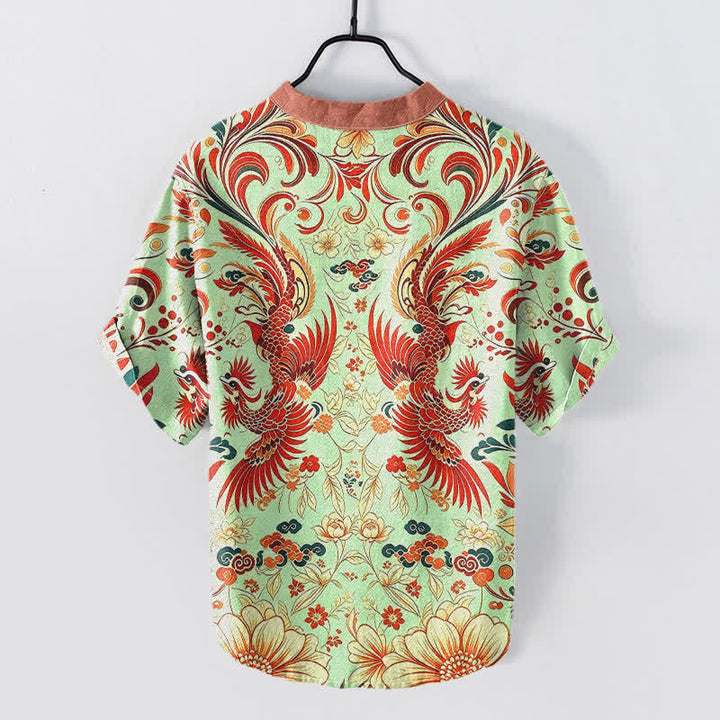 Buddha Stones Chemise homme à manches courtes et demi-boutonnage, motif floral phénix symétrique en coton - image 6
