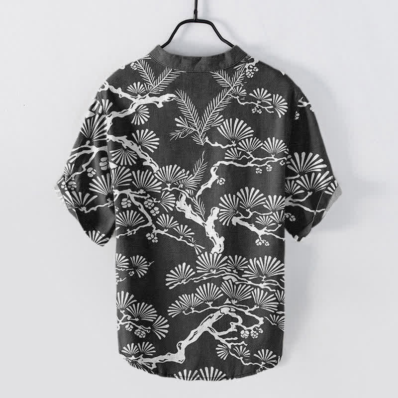 Buddha Stones Chemise homme à manches courtes et demi-boutonnée en coton blanc à motif botanique d'aiguilles de pin - image 1