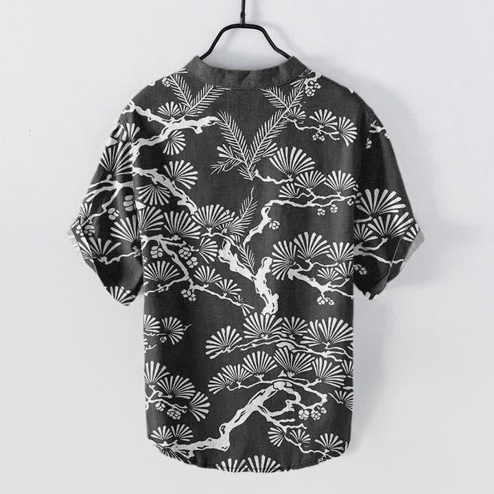 Buddha Stones Chemise homme à manches courtes et demi-boutonnée en coton blanc à motif botanique d'aiguilles de pin - image 1