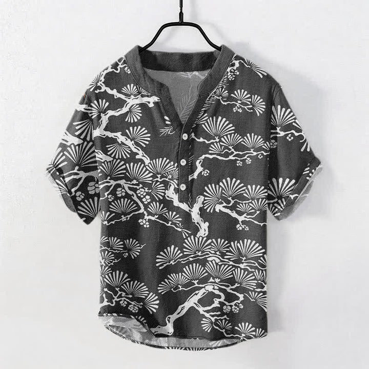 Buddha Stones Chemise homme à manches courtes et demi-boutonnée en coton blanc à motif botanique d'aiguilles de pin - Noir - US/UK/AU50，EU60 (5XL) - image 0