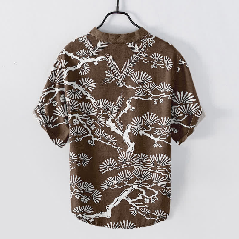 Buddha Stones Chemise homme à manches courtes et demi-boutonnée en coton blanc à motif botanique d'aiguilles de pin - image 6